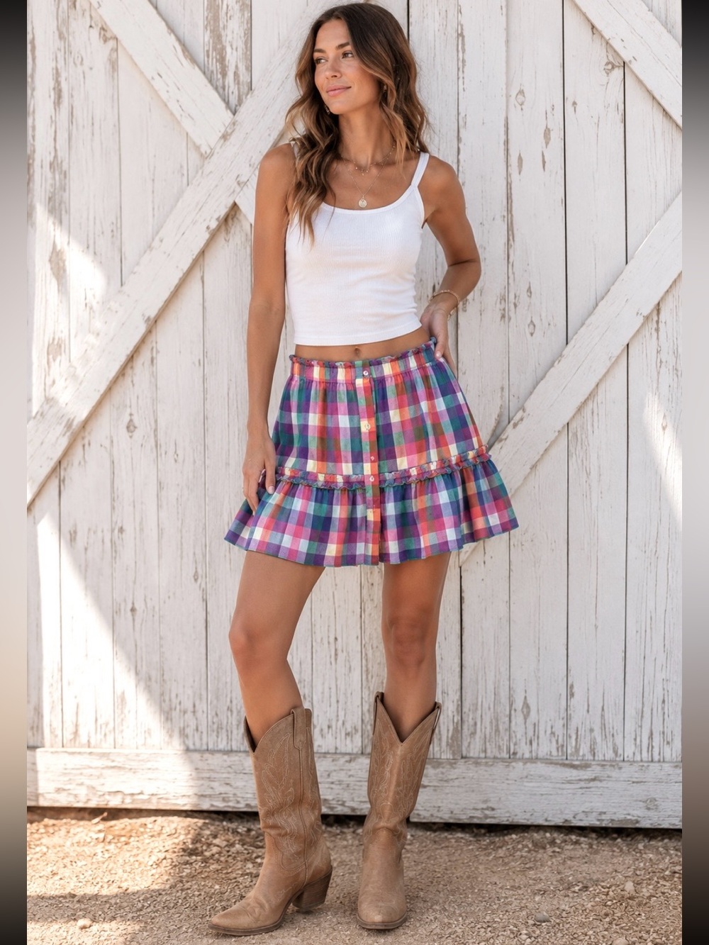 Playa Lucila plaid skirt multi-colored Madras pattern ruffled mini skirt size S